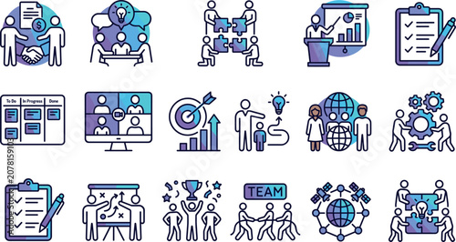 Принти на полотні Illustrated icons showing teamwork, collaboration, and business strategies