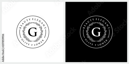 Initial letter G olive flower for beauty fashion cosmetic skin care logo design. elegant stamp logo design concept