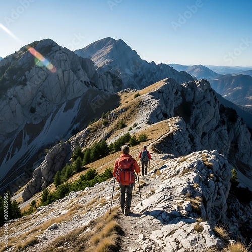Hikers Trekking Along Mountain Ridge Trail in Scenic Landscape.