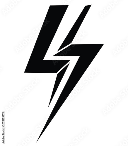 A bold black lightning bolt graphic illustration strikes downwards on a white background with sharp angles and dynamic lines.