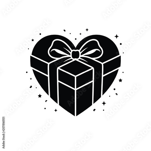 A heart-shaped gift box with a bow and stars floating around it presents a romantic scene.