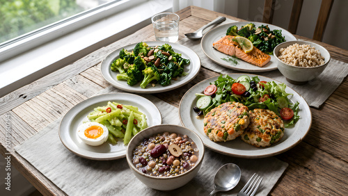 Variety of Healthy Balanced Diet Meals Prepared on Wooden Table