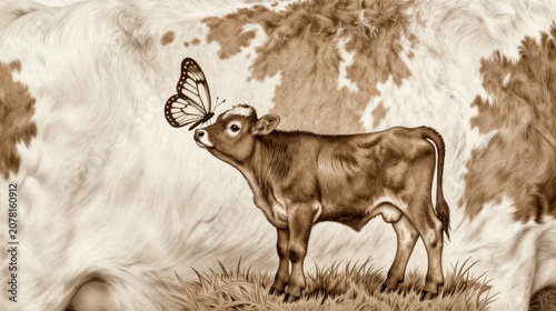 Sepia calf, butterfly, grassy field, vintage animal illustration, brown tones