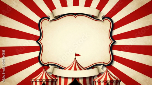Vintage carnival, circus banner, red and white stripes, festive background