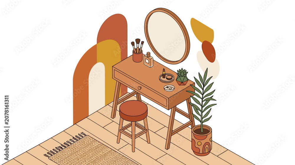 Fototapeta premium Cozy bedroom vanity with mirror and potted plant.