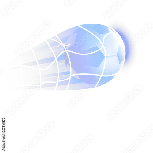Dynamic sports illustration of a realistic blue glowing soccer ball striking the goal net with a high-speed motion trail. Isolated on a transparent background, perfect for football tournaments, 
