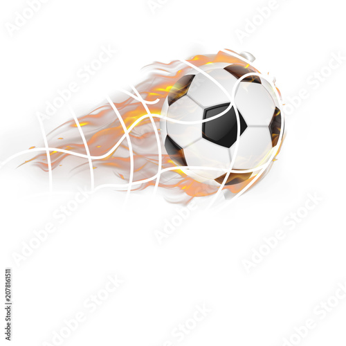 High-speed football action illustration featuring a realistic soccer ball wrapped in blazing flames as it strikes the goal net. Isolated on a transparent background, perfect for football championships