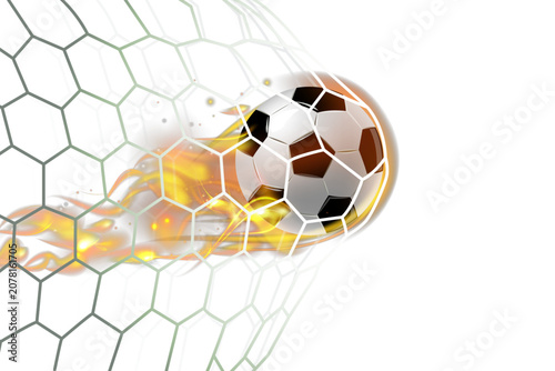 Realistic football goal moment showing a blazing soccer ball entering the net with dynamic fire effects and motion blur. Transparent background makes it ideal for sports graphics, football marketing, 