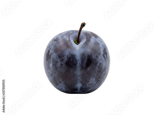 Single Fresh Ripe Blue Plum Fruit Isolated on Pure White Background