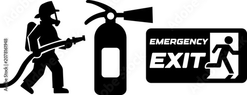 Foto Fire Safety Equipment Icons Set with Firefighter, Fire Extinguisher and Emergenc