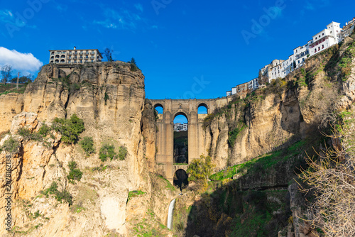 View of the historic Puente Nuevo (New Bridge), stone bridge spanning El Tajo gorge above the Guadalevin River in Ronda, Malaga province, Andalusia, southern Spain