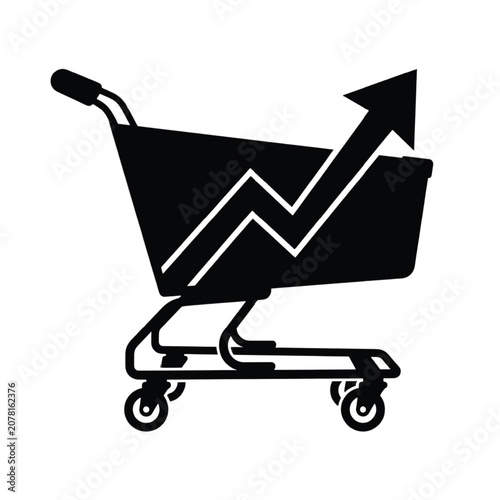 A shopping cart with an upward arrow graph inside, symbolizing increasing sales or growth, on a clean white background.