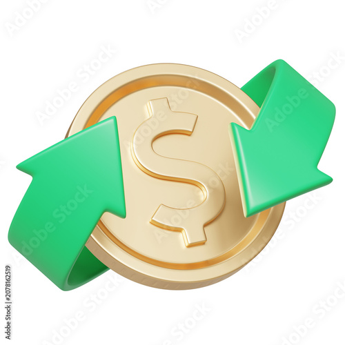 Canvastavla Green arrows cashback icon with a coin with dollar symbol 3d render, Return money, cash back rebate