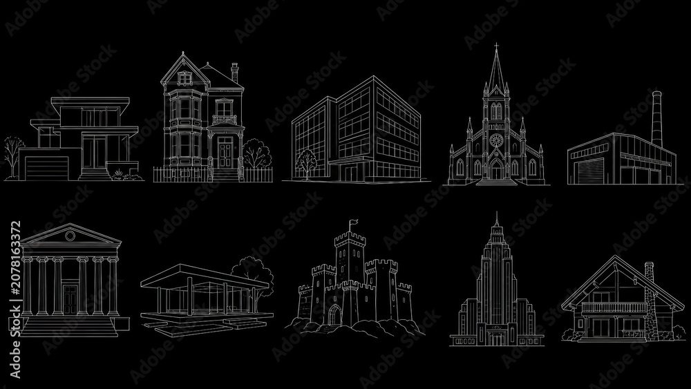 Fototapeta premium Collection of white line art architectural illustrations on a black background, including modern house, Victorian home, office building, church, factory, classical temple, pavilion, castle, skyscraper