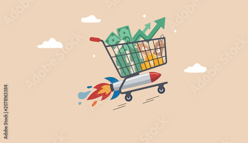 Boost sales and increase profit, achieve into sales target develop business growth, inflation price concept, shopping cart trolley into fast rocket booster flying hight the sky