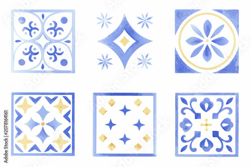 Watercolor decorative tile set with geometric and floral ornaments on white background