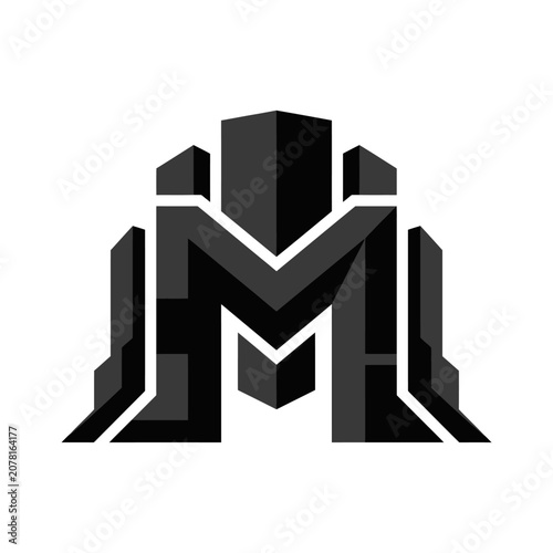Valokuva Dark monolithic M shape architectural skyscraper logo.