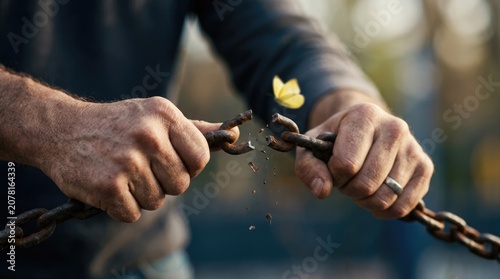 Human hands forcefully breaking rusty chain links, demonstrating freedom, symbolizing liberation from human trafficking, raising awareness for World Day Against Trafficking in Persons.