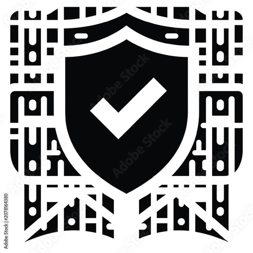 A black shield with a white checkmark is centered within a pattern of black circuits on a white background surrounded by technology and security elements.