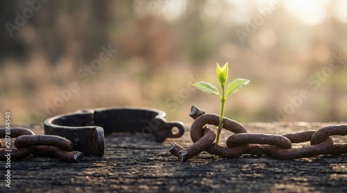 Broken rusty metal chain, open iron shackle on dark wood, young green plant sprout growing through damaged link, demonstrating release from captivity, historical slave slavery liberation.