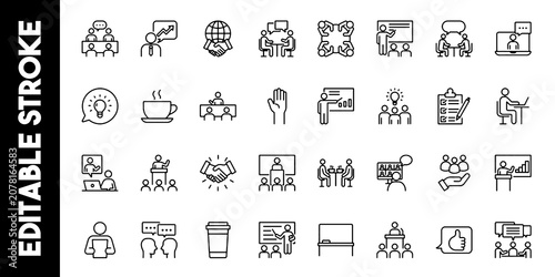 Business Meeting Presentation Communication Line Icons Set Editable Vector Illustration Isolated on Transparent Background.