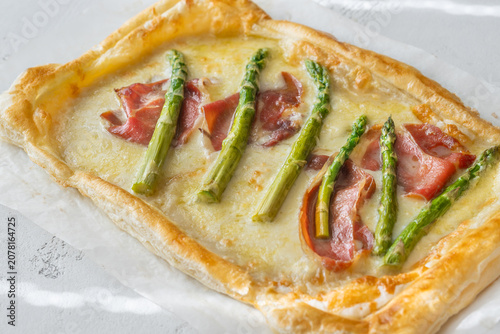Golden Puff Pastry With Mozzarella Asparagus And Prosciutto Fresh Gourmet Brunch Delight

Description (14 words)