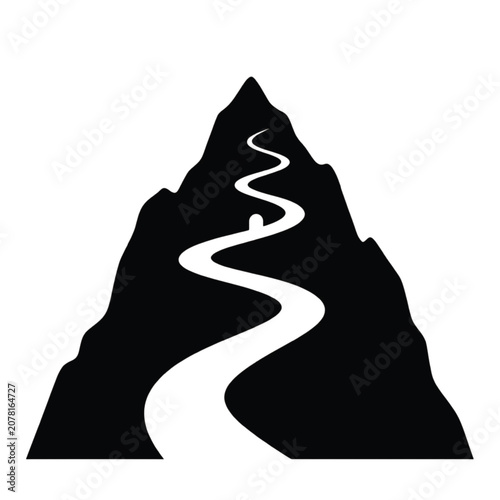 A winding river flows through a majestic mountain landscape with rugged peaks.