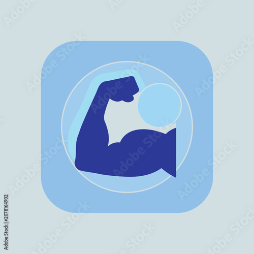 Flexed arm muscle icon blue silhouette on light blue rounded square background