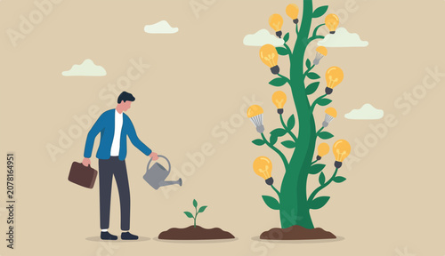 Planting new idea, growing business development, progress growth strategy, solution, learning, education creativity concept, smart businessman watering to seedling grow high with lightbulb ideas