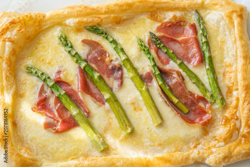 Golden Puff Pastry With Mozzarella Asparagus And Prosciutto Fresh Gourmet Brunch Delight

Description (14 words)