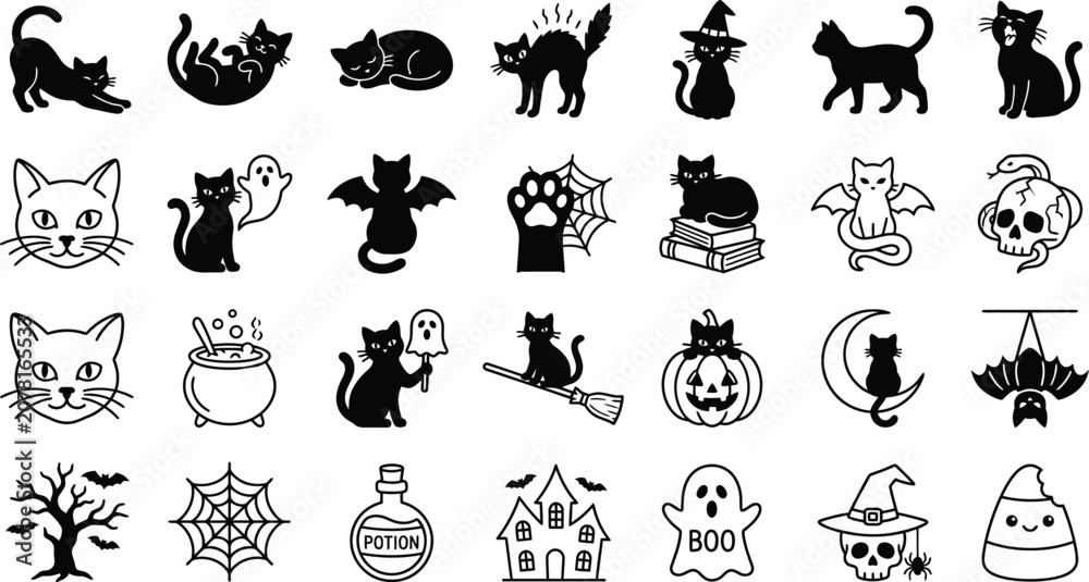 Fototapeta premium Halloween Black Cat Icon Set, Spooky Party Celebration Vector Symbols