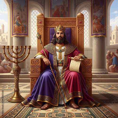 Royal King Sitting on Ornate Throne in Palace.