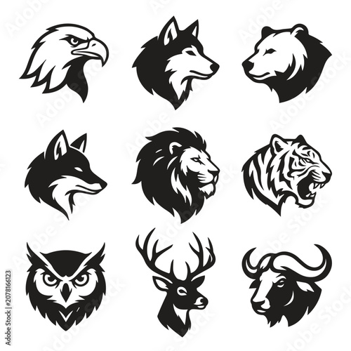 Set of wild animal head silhouettes for logos and emblems with wildlife