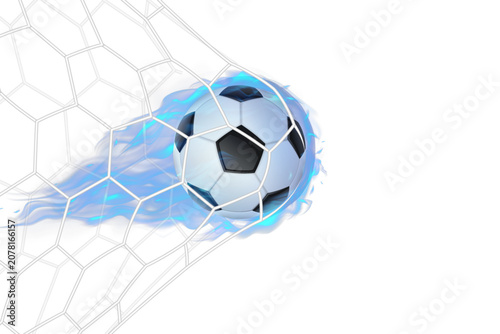 Professional football goal concept featuring a realistic soccer ball wrapped in blue flames entering the goal net with dynamic speed effects. Perfect for sports posters, football banners, 