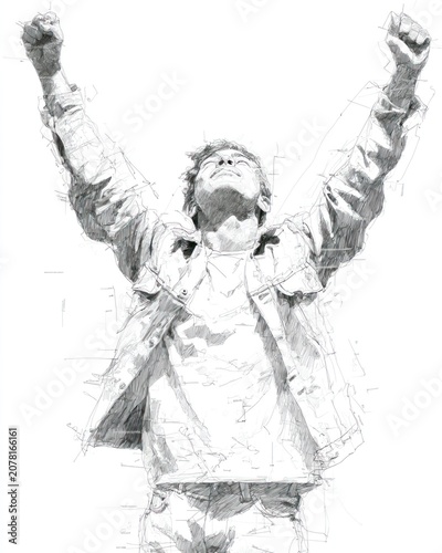 Single-line drawing animation of a full-length person raising hands in celebration of human rights and equality