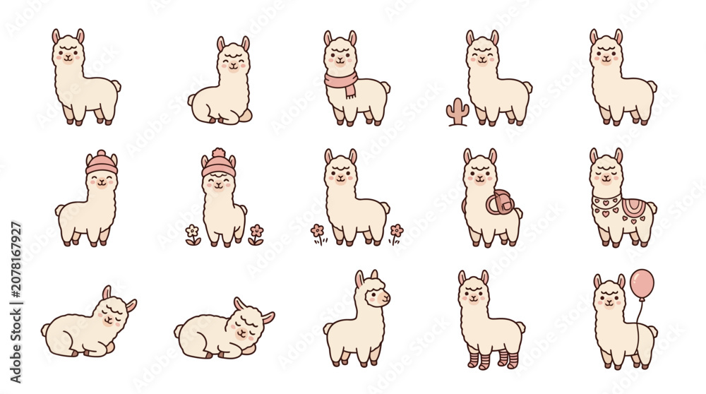 Fototapeta premium Collection of various hand drawn llama and alpaca icons.