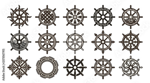 Billede på lærred Collection of various ship wheel and helm icons