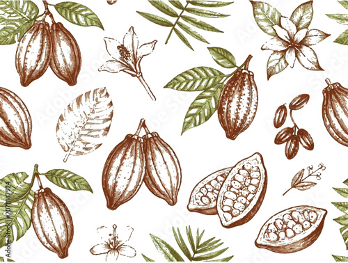 Vintage hand drawn cocoa beans and tropical leaves seamless pattern with chocolate tree botanical engraving vector illustration