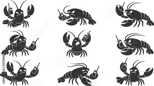 Photos Nine lobster character vector icons holding walkie talkies for communication