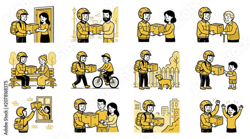 Canvas Print Courier delivery scenes showing varied package handoff locations.