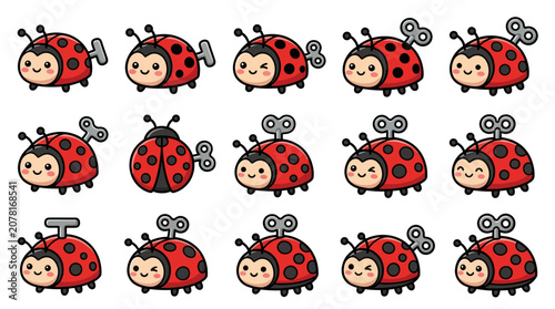 Slika na platnu Collection of red wind-up ladybug character icons.