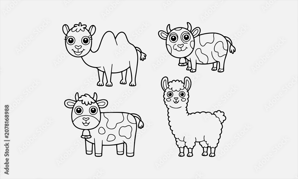 Fototapeta premium Cute camel cow and llama cartoon line art set for kids coloring book isolated vector illustration