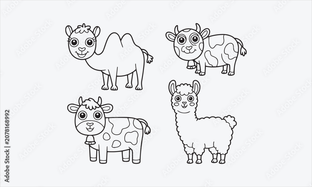 Fototapeta premium Cute camel cow and llama cartoon line art set for kids coloring book isolated vector illustration