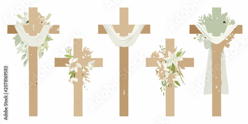Cuadro en lienzo Floral crosses with draped fabric a watercolor style illustration on white backg
