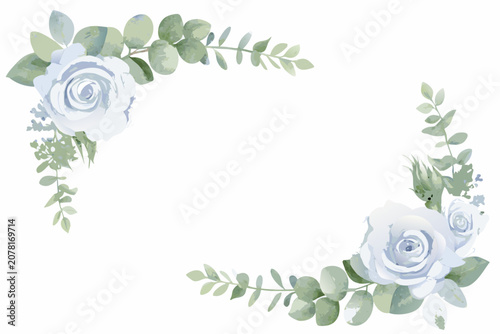 Quadro su tela Watercolor blue rose corner borders with eucalyptus leaves on a white background