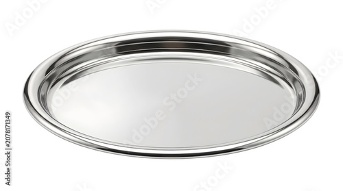 Polished stainless steel serving tray, round metallic platter for catering, shiny chrome kitchen plate isolated on white background