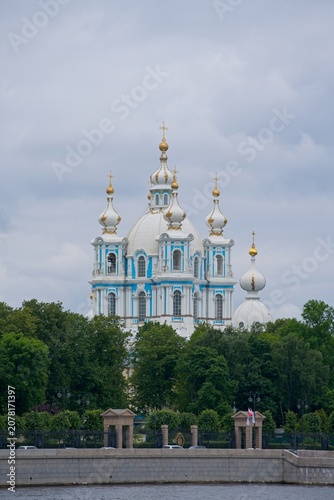 Saint Petersburg, Russia, June 27, 2026. View of Smolny Cathedral from the water.                               