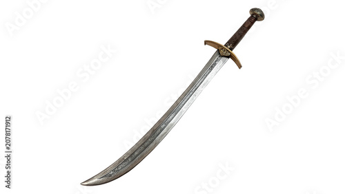 Foto Classic medieval metallic iron scimitar sword weapon with curved blade isolated