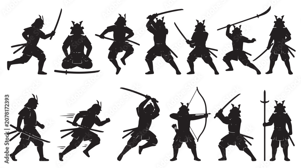 Fototapeta premium Dynamic collection of traditional Japanese samurai warrior silhouettes in various combat and action poses, depicting ancient martial arts and historical fighting spirit
