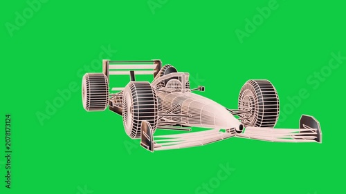 Camera pulling back, panning right, showing wireframe F1, neon lines tracing spec on transparent bg